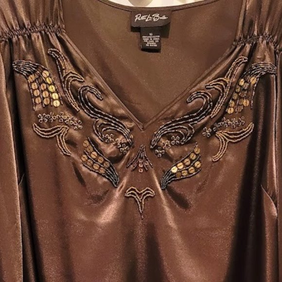 Patti Labelle  Blouse Brown - Beads - Embellished - Butterfly Sleeves size 16 - Picture 2 of 5